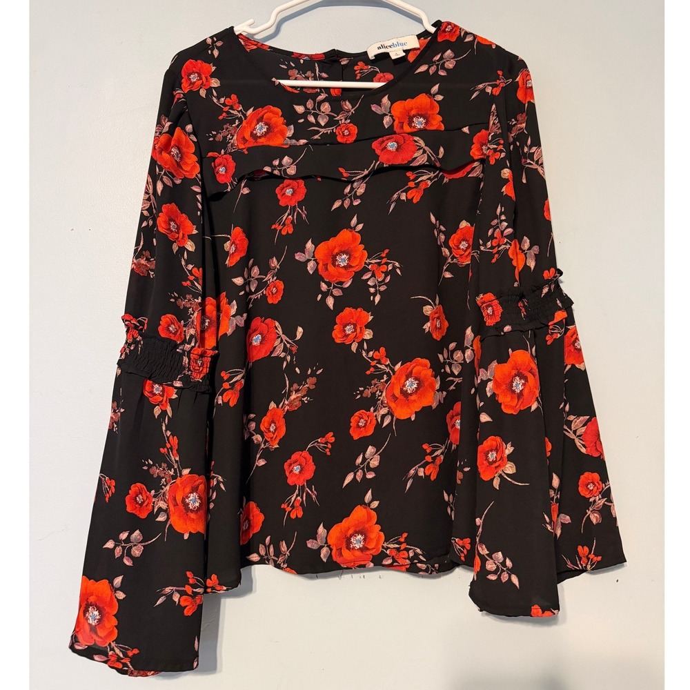 Alice Blue Women's L Black Red Floral Bell Sleeve Button Back Blouse 2125